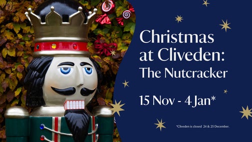 A graphic of a blue and red Christmas nutcracker.